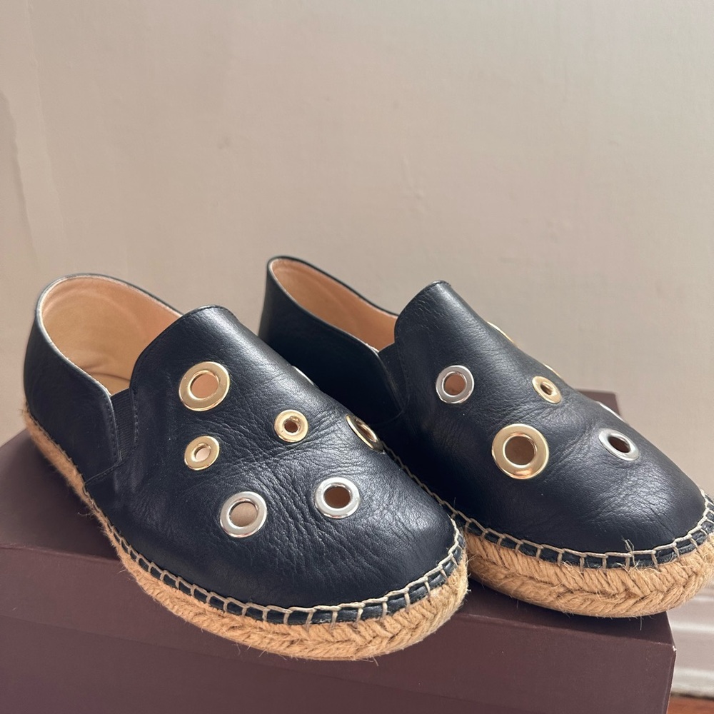 Macarena Black Leather Espadrilles Slip On Shoes | Color: Black | Size 36eu
